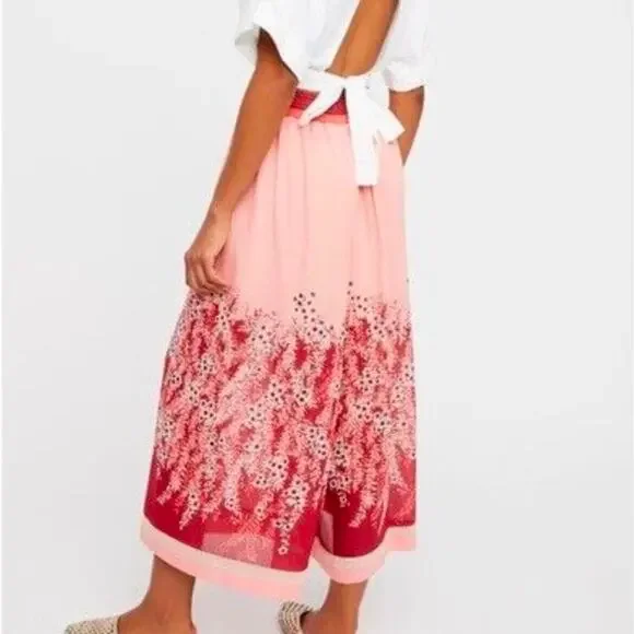 FREE PEOPLE OFF THE GRID CULOTTES CHIFFON CROPPED WIDE LEG PINK FLORAL PANTS XS - Picture 2 of 10